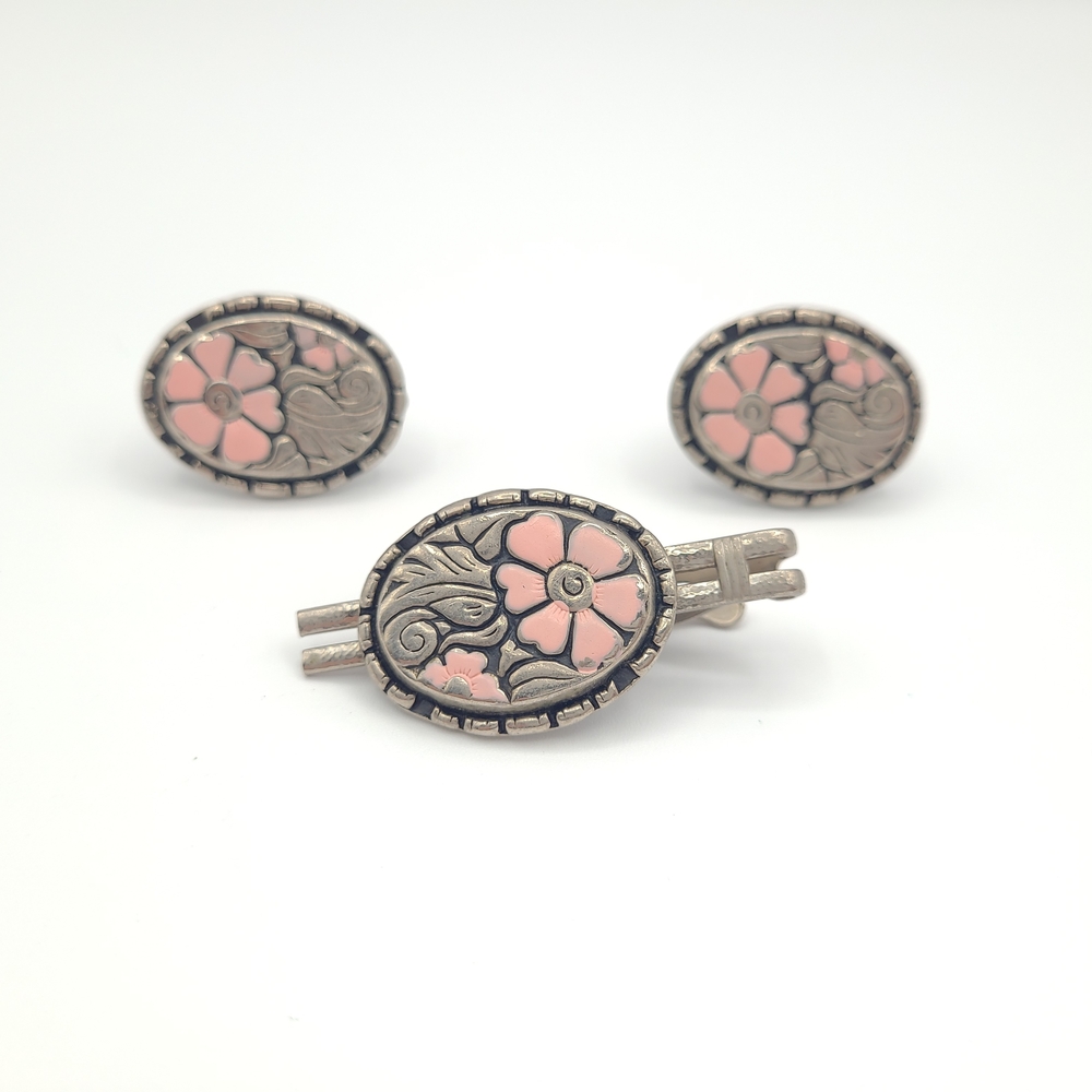 Vintage Floral Tie Clip & Cufflinks Set Pink Silver Tone Oval Gift for Him